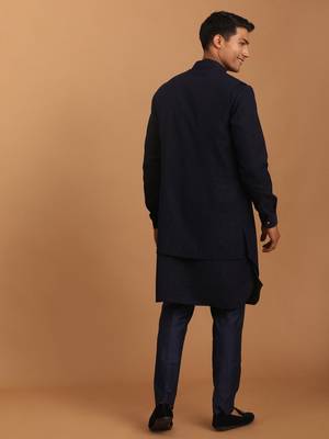 Navy Blue Cotton Blend Jacket, Kurta And Pyjama Set 3
