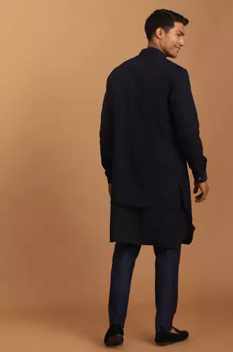 Navy Blue Cotton Blend Jacket, Kurta And Pyjama Set