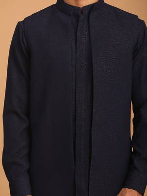 Navy Blue Cotton Blend Jacket, Kurta And Pyjama Set 4