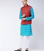Maroon, Turquoise And White Cotton Blend Jacket, Kurta And Pyjama Set