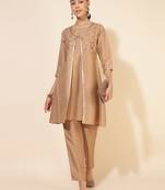 Janasya women's beige crepe silk embellished jacket style kurta with pant