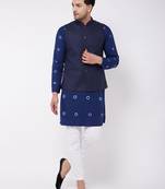Men'S Blue And White Pure Cotton Jacket, Kurta And Pyjama Set