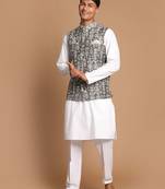 Men'S Green And White Pure Cotton Jacket, Kurta And Pyjama Set