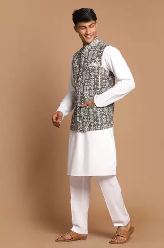 Green And White Pure Cotton Jacket, Kurta And Pyjama Set