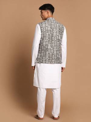 Green And White Pure Cotton Jacket, Kurta And Pyjama Set 3