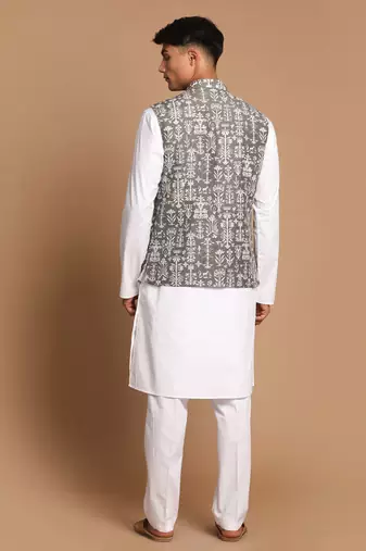 Green And White Pure Cotton Jacket, Kurta And Pyjama Set