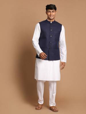 Navy Blue And White Pure Cotton Jacket, Kurta And Pyjama Set 1