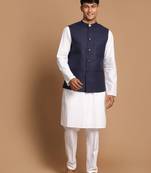Navy Blue And White Pure Cotton Jacket, Kurta And Pyjama Set