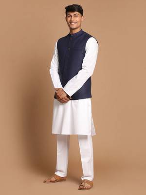 Navy Blue And White Pure Cotton Jacket, Kurta And Pyjama Set 2