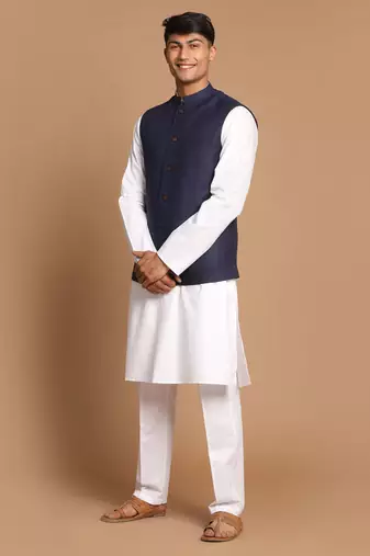 Navy Blue And White Pure Cotton Jacket, Kurta And Pyjama Set