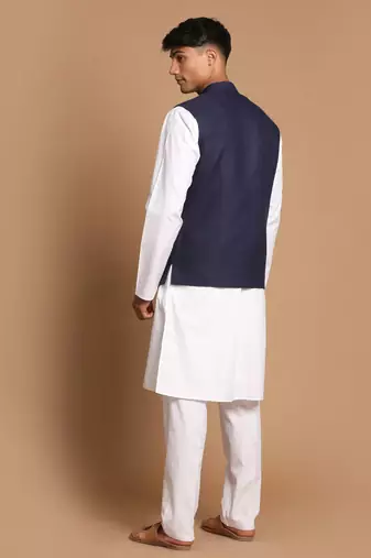 Navy Blue And White Pure Cotton Jacket, Kurta And Pyjama Set