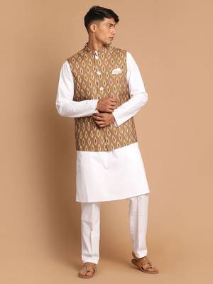 Green And White Pure Cotton Jacket, Kurta And Pyjama Set 1