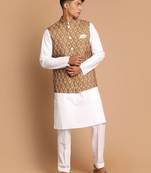 Men'S Green And White Pure Cotton Jacket, Kurta And Pyjama Set