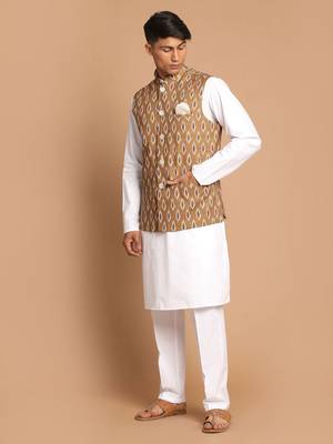 Green And White Pure Cotton Jacket, Kurta And Pyjama Set 2