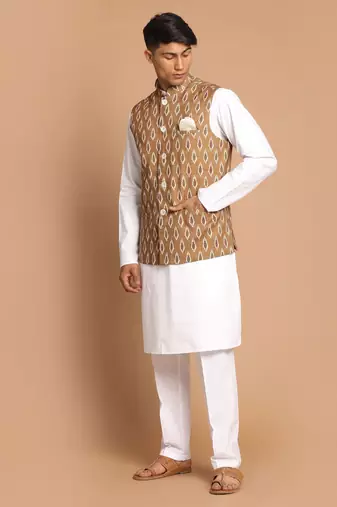 Green And White Pure Cotton Jacket, Kurta And Pyjama Set