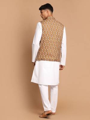 Green And White Pure Cotton Jacket, Kurta And Pyjama Set 3