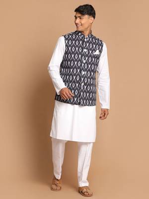 Black And White Pure Cotton Jacket, Kurta And Pyjama Set 1