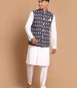 Men'S Black And White Pure Cotton Jacket, Kurta And Pyjama Set