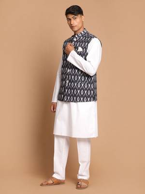 Black And White Pure Cotton Jacket, Kurta And Pyjama Set 2