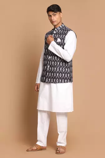 Black And White Pure Cotton Jacket, Kurta And Pyjama Set