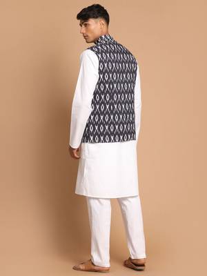 Black And White Pure Cotton Jacket, Kurta And Pyjama Set 3