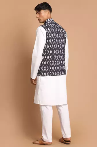 Black And White Pure Cotton Jacket, Kurta And Pyjama Set