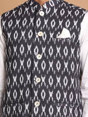 Black And White Pure Cotton Jacket, Kurta And Pyjama Set 4