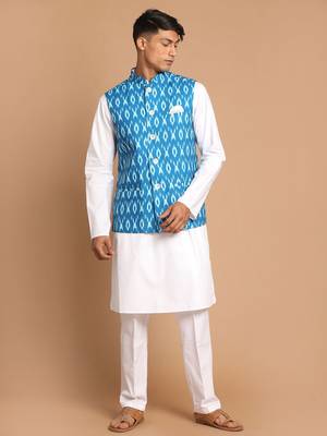 Turquoise And White Pure Cotton Jacket, Kurta And Pyjama Set 1