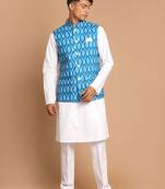 Men'S Turquoise And White Pure Cotton Jacket, Kurta And Pyjama Set