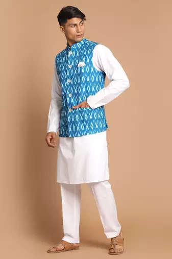 Turquoise And White Pure Cotton Jacket, Kurta And Pyjama Set
