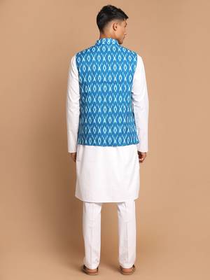 Turquoise And White Pure Cotton Jacket, Kurta And Pyjama Set 3