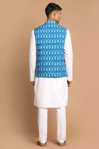 Turquoise And White Pure Cotton Jacket, Kurta And Pyjama Set