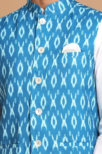 Turquoise And White Pure Cotton Jacket, Kurta And Pyjama Set