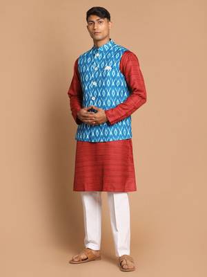 Men'S Maroon, Turquoise And White Cotton Blend Jacket, Kurta And Pyjama Set 2