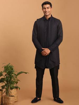 Navy Blue And Black Silk Blend Jacket, Kurta And Pyjama Set 1