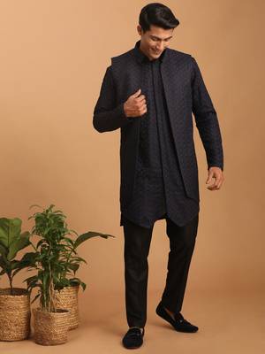 Navy Blue And Black Silk Blend Jacket, Kurta And Pyjama Set 2