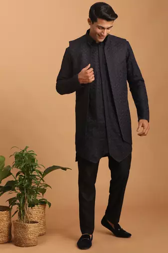 Navy Blue And Black Silk Blend Jacket, Kurta And Pyjama Set