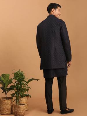 Navy Blue And Black Silk Blend Jacket, Kurta And Pyjama Set 3
