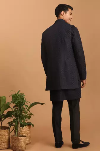 Navy Blue And Black Silk Blend Jacket, Kurta And Pyjama Set