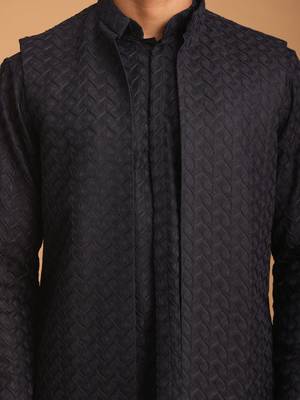 Navy Blue And Black Silk Blend Jacket, Kurta And Pyjama Set 4