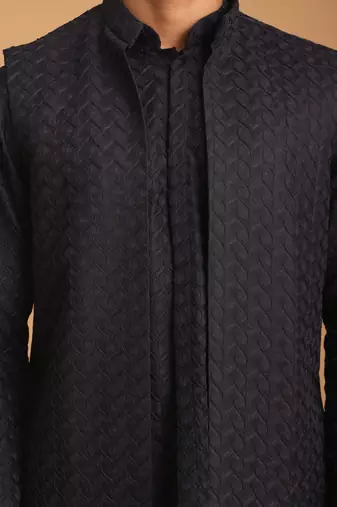 Navy Blue And Black Silk Blend Jacket, Kurta And Pyjama Set