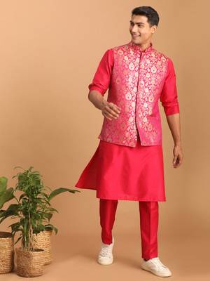 Men'S Pink Viscose Jacket, Kurta And Pyjama Set 1