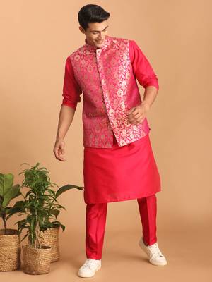 Men'S Pink Viscose Jacket, Kurta And Pyjama Set 2