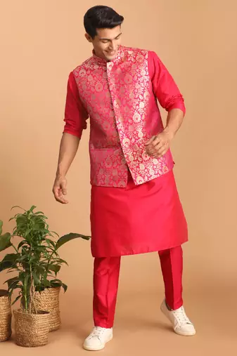 Men'S Pink Viscose Jacket, Kurta And Pyjama Set