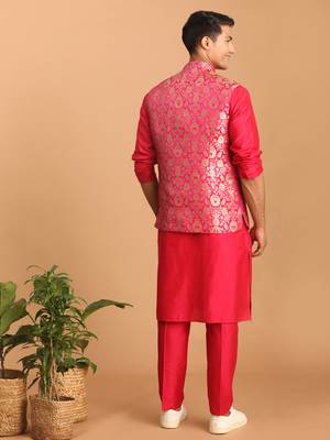 Men'S Pink Viscose Jacket, Kurta And Pyjama Set 3