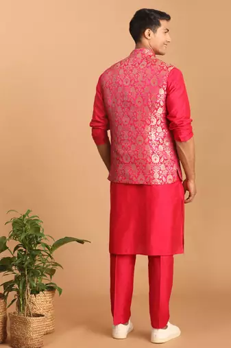 Men'S Pink Viscose Jacket, Kurta And Pyjama Set