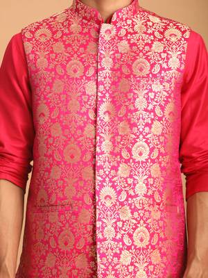 Men'S Pink Viscose Jacket, Kurta And Pyjama Set 4