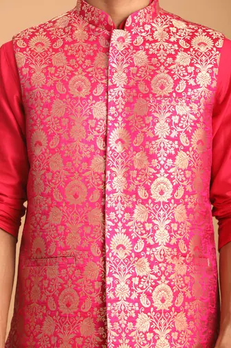 Men'S Pink Viscose Jacket, Kurta And Pyjama Set