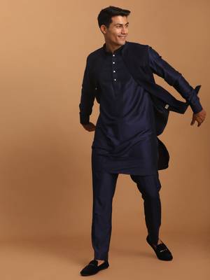 Navy Blue Viscose Jacket, Kurta And Pyjama Set 1