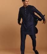 Men'S Navy Blue Viscose Jacket, Kurta And Pyjama Set